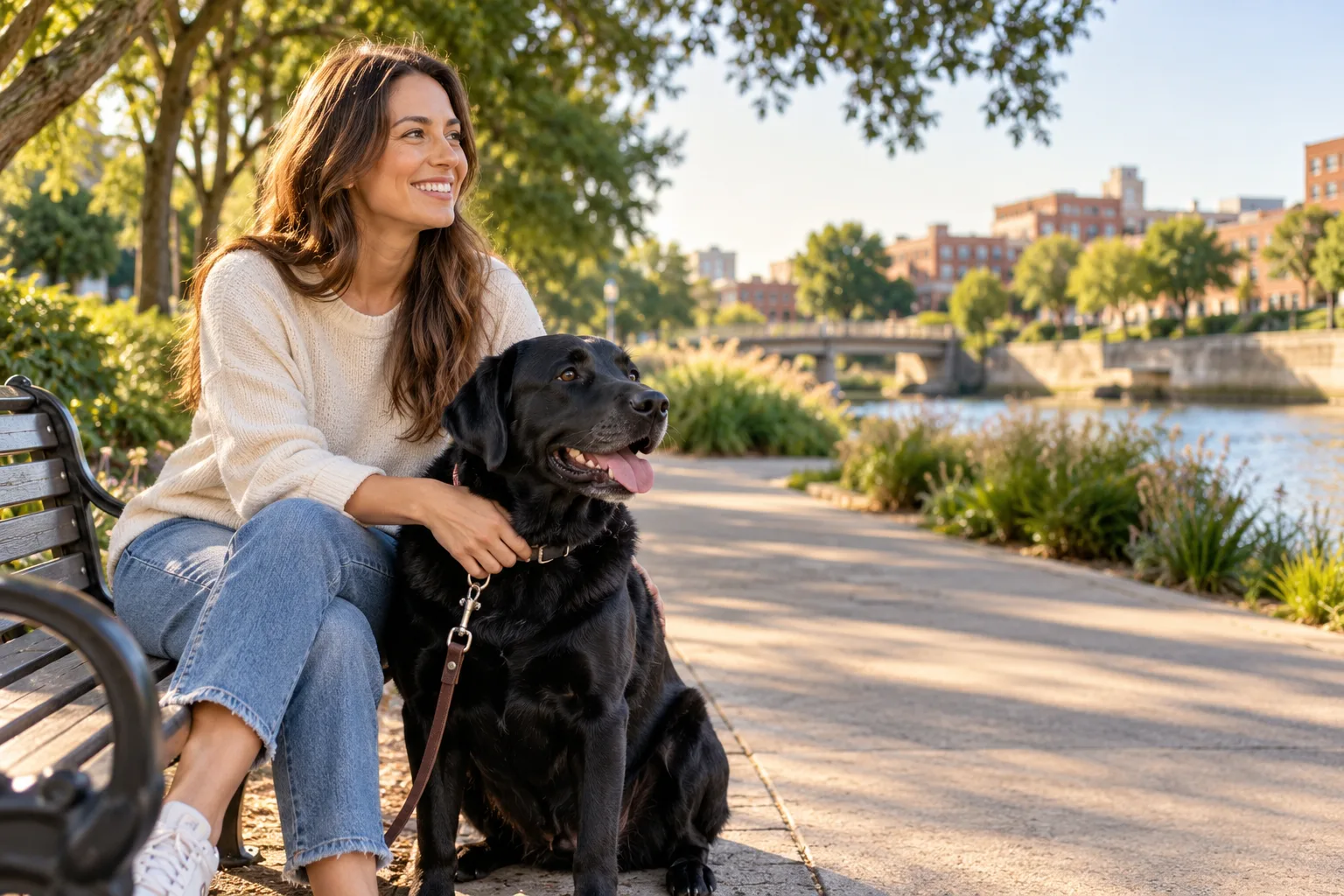 Owner sitting with a dog in a green city park